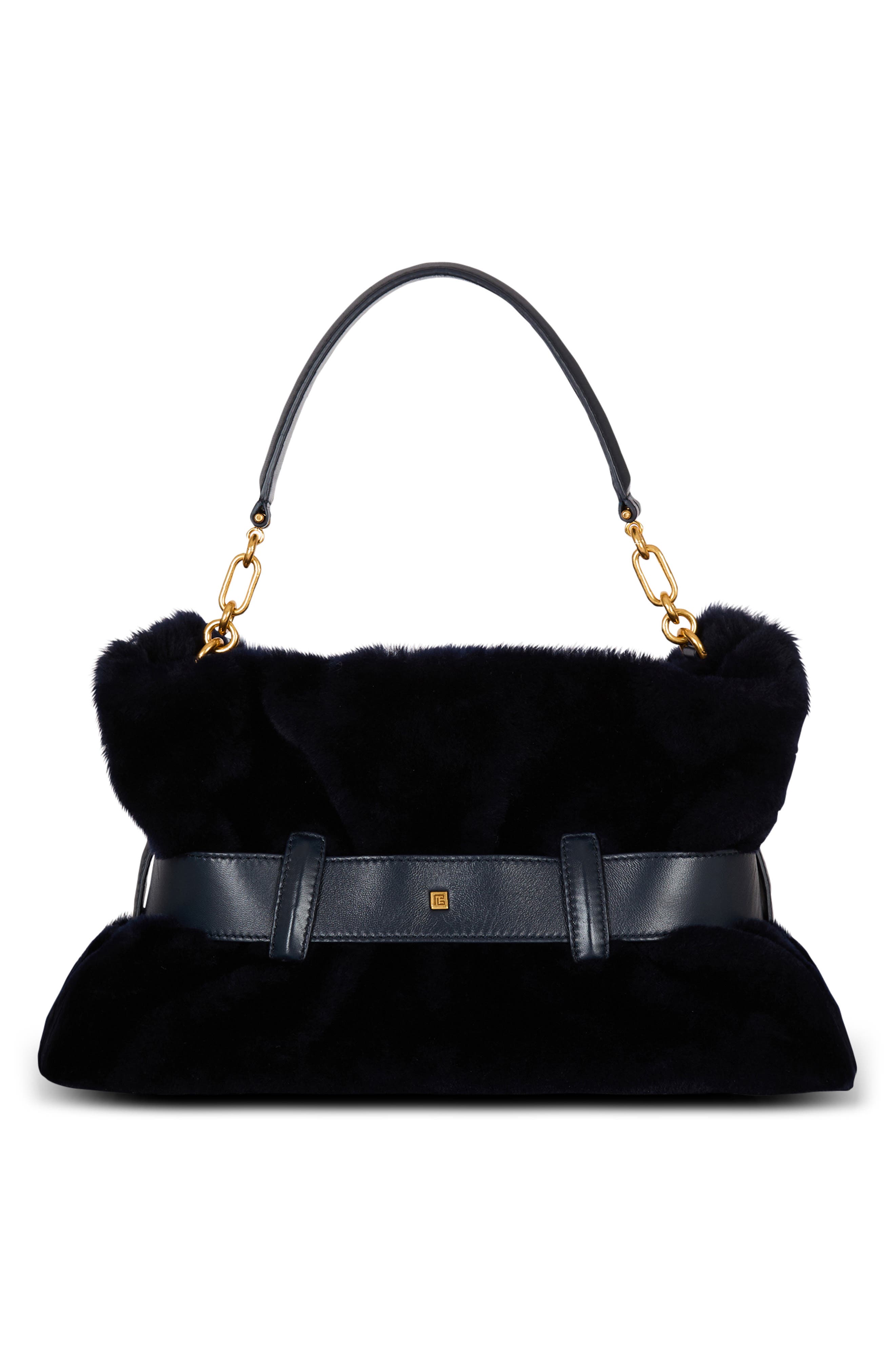 Balmain Medium Anthem Genuine Shearling Shoulder Bag, Alternate, color, 0Cw Raven