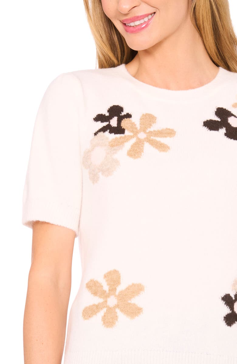 CeCe Groovy Flower Short Sleeve Sweater, Alternate, color, Antique White