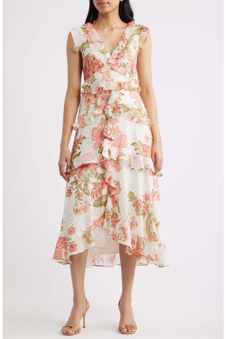 Floral Metallic Detail Cascade Ruffle Dress, Main, color, EGRET