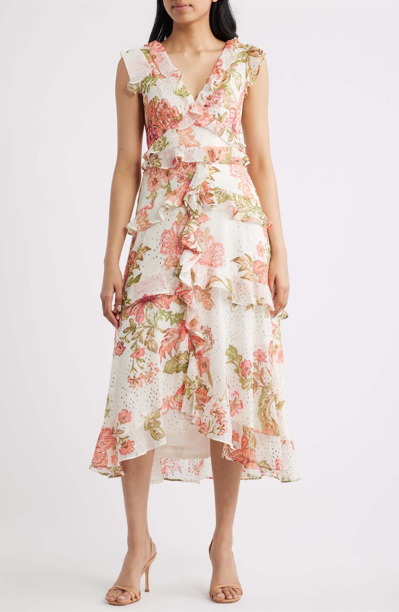 CeCe Floral Metallic Detail Cascade Ruffle Dress, Main, color, Egret
