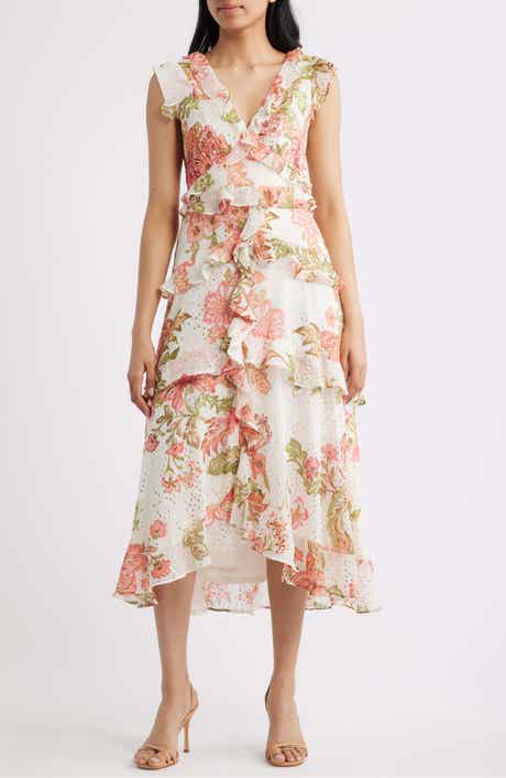 Floral Metallic Detail Cascade Ruffle Dress