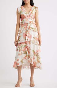 CeCe Floral Metallic Detail Cascade Ruffle Dress
