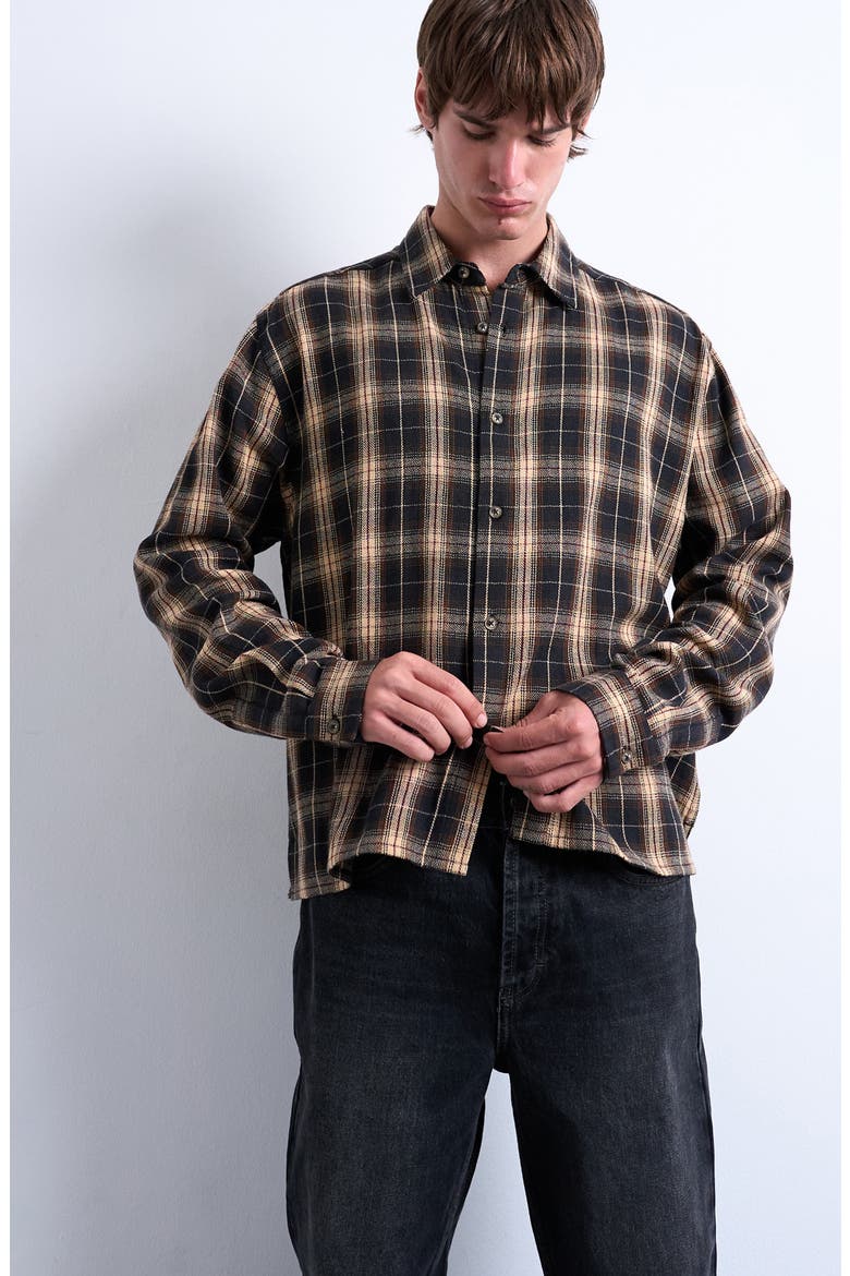 Relaxed Fit Flannel Crop Button-Up Shirt, Alternate, color, BROWN