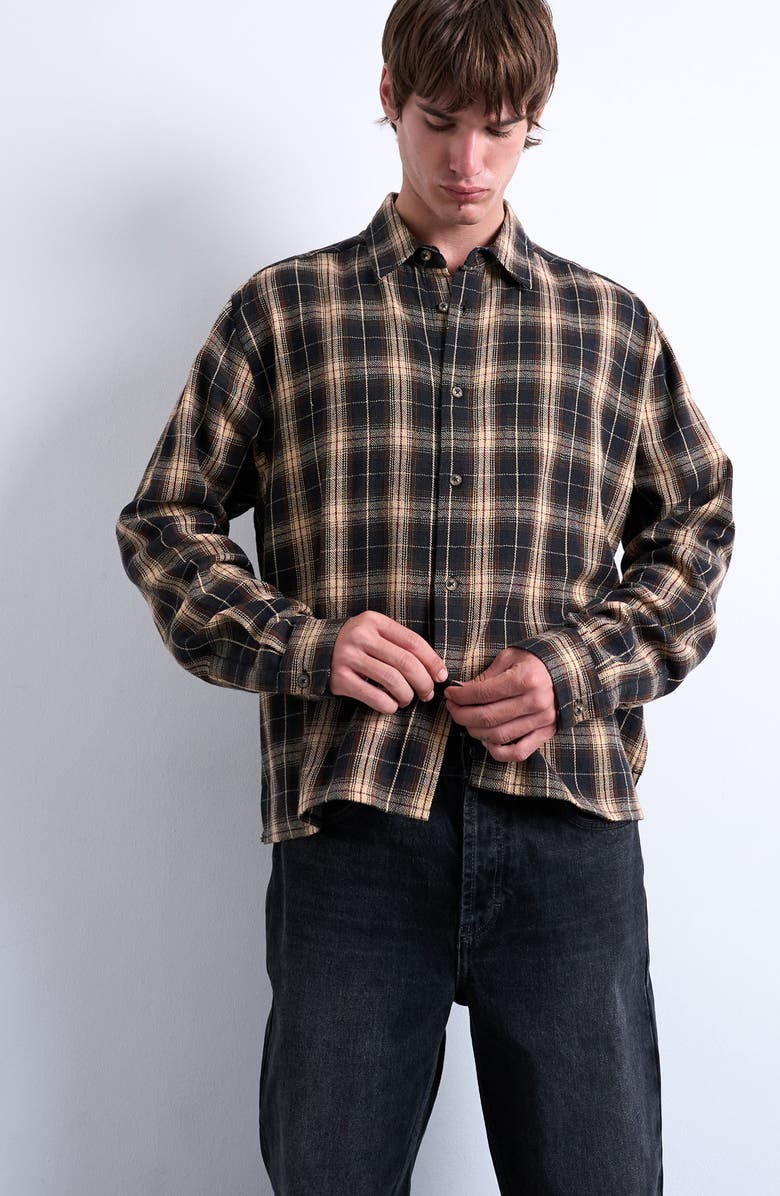 Topman Relaxed Fit Flannel Crop Button-Up Shirt, Alternate, color, Brown