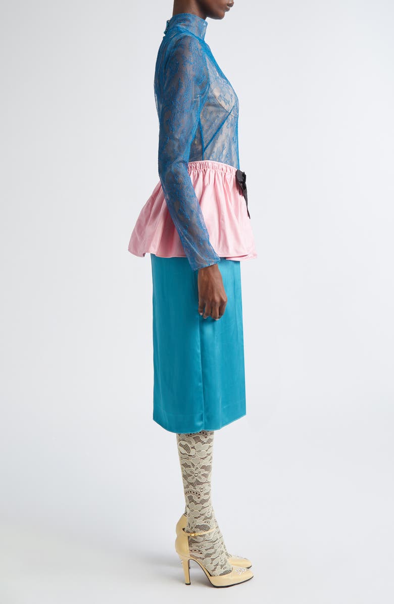 Valentino Long Sleeve Lace & Satin Mock Two-Piece Dress, Alternate, color, Blue/ Red