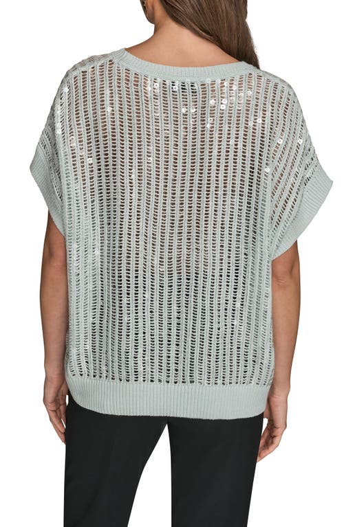 Donna Karan New York Sequin Open Stitch Short Sleeve Sweater In Gray