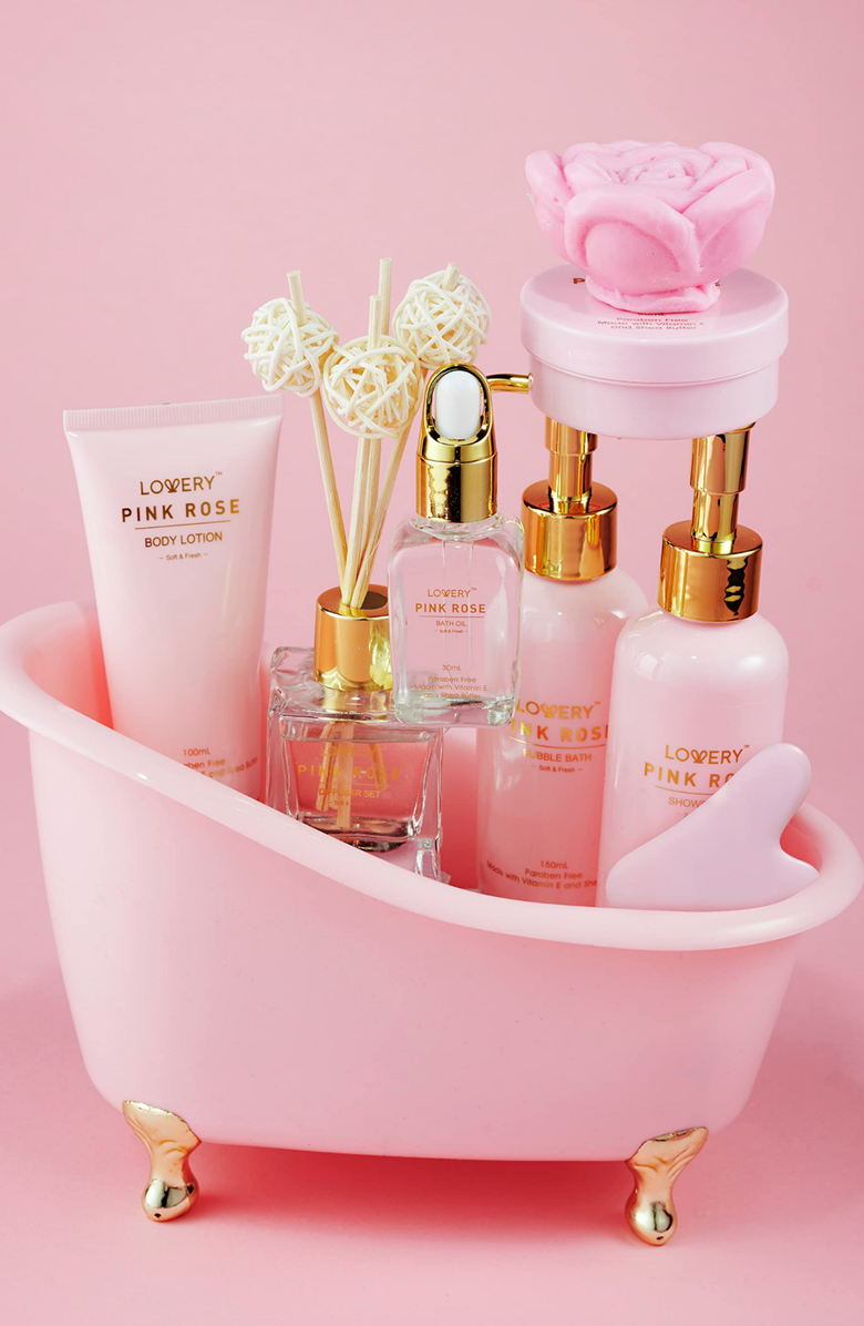 Lovery Luxury Spa Kit, 18Pc Relaxing Basket With Perfumes, Gua Sha And More, Alternate, color, Pink Rose