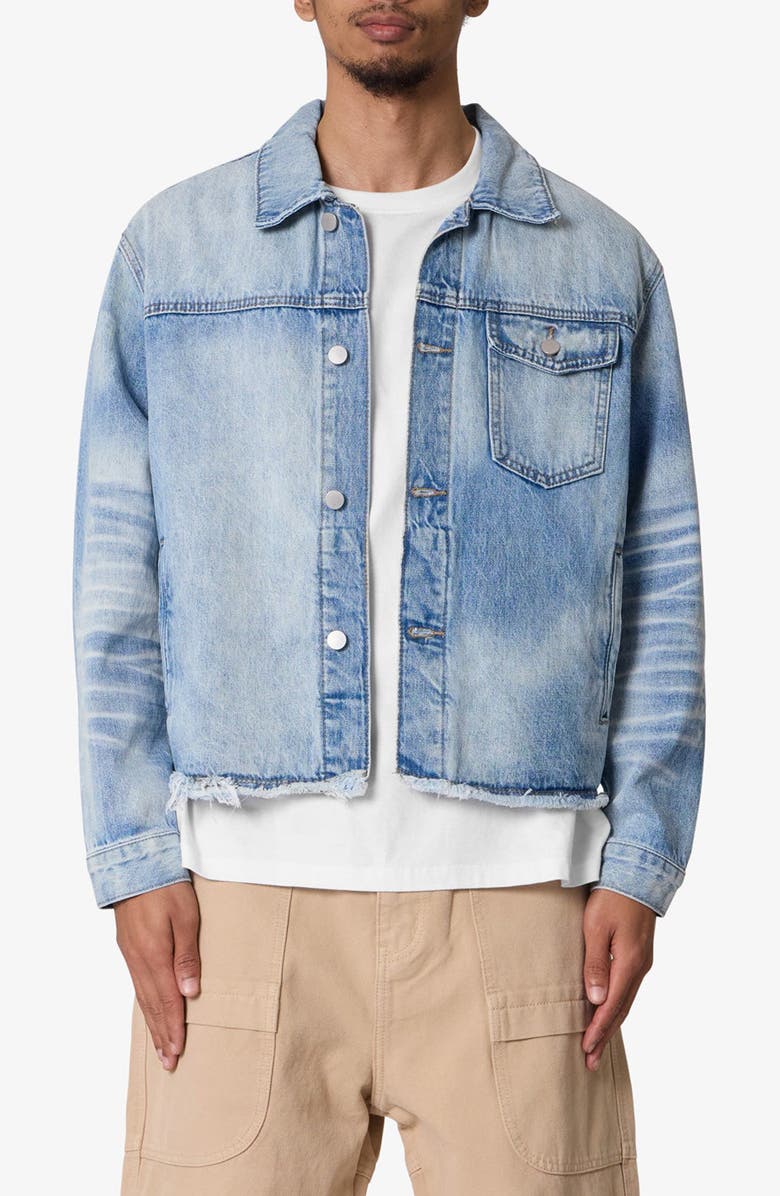 mnml Sun Washed Frayed Denim Jacket, Main, color, Light Blue