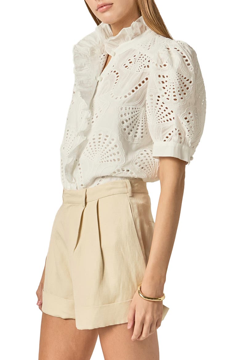 Embroidered Ruffle Short Sleeve Eyelet Shirt, Alternate, color, WHITE
