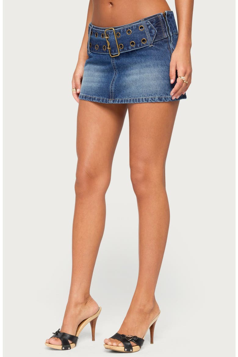 Laela Grommet Belt Denim Mini Skort, Alternate, color, DARK-BLUE