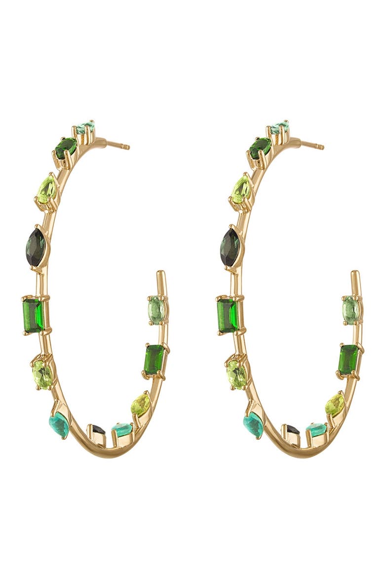 Goddess 14k White Gold Blue Sapphire Hoop Earrings, Main, color, YELLOW GOLD, GREEN
