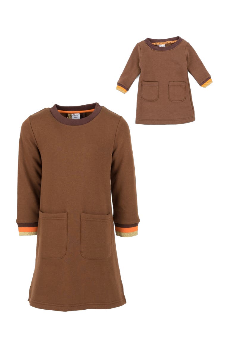 Girls Sweatshirt Dress with Matching Doll Dress, Alternate, color, BROWN