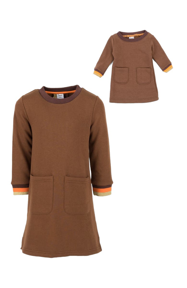 Leveret Girls Sweatshirt Dress with Matching Doll Dress, Alternate, color, Brown
