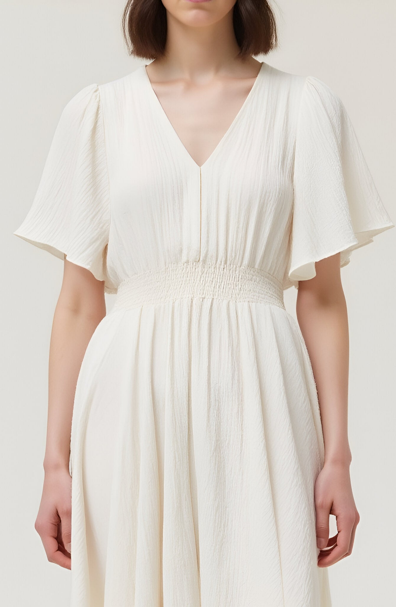 Modenaire V-Neck Midi Dress with Flutter Sleeves and Handkerchief Hem, Alternate, color, 