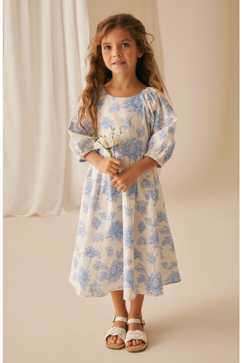 Kids' Floral Cotton Dobby Dress, Alternate, color, IVORY/ BLUE FLORAL
