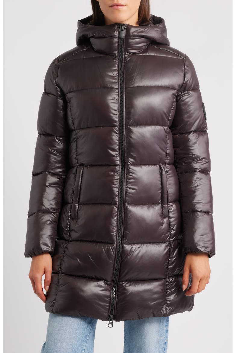 Ines Water Repellent Longline Hooded Puffer Jacket, Main, color, BROWN BLACK