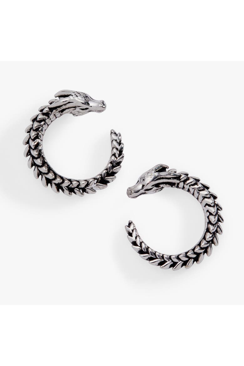 HOUSE OF THE DRAGON Syrax Front to Back Hoop Earrings, Main, color, Silver
