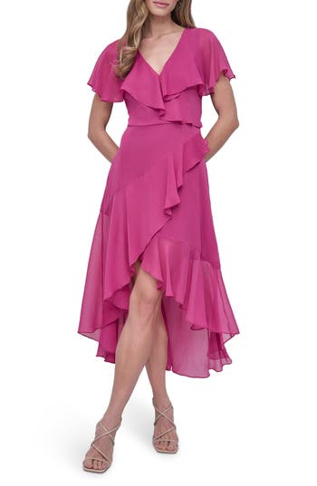 Dkny Ruffle Short Sleeve Faux Wrap Midi Dress In Pink