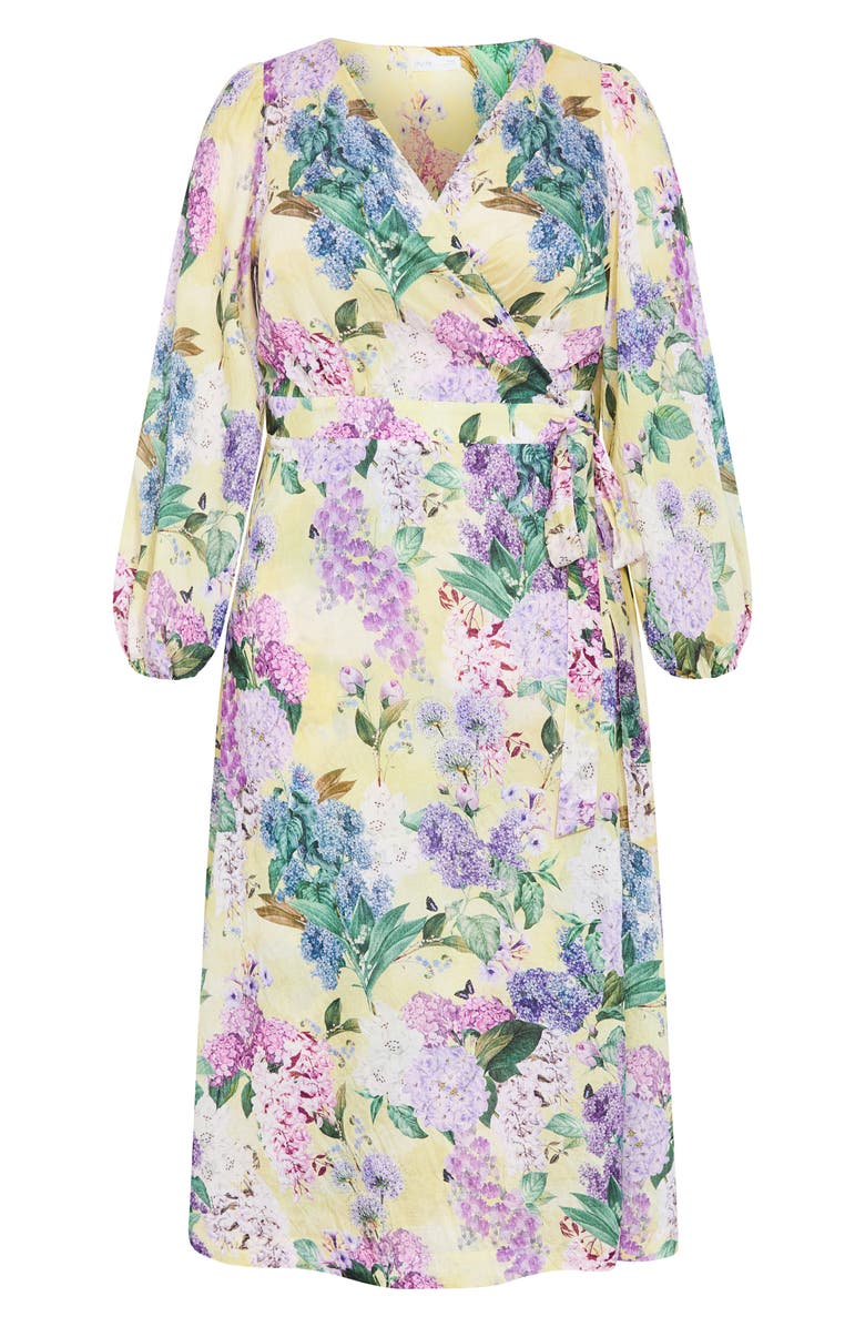 City Chic Anastasia Long Sleeve Maxi Wrap Dress, Alternate, color, Lemon Hydrandra