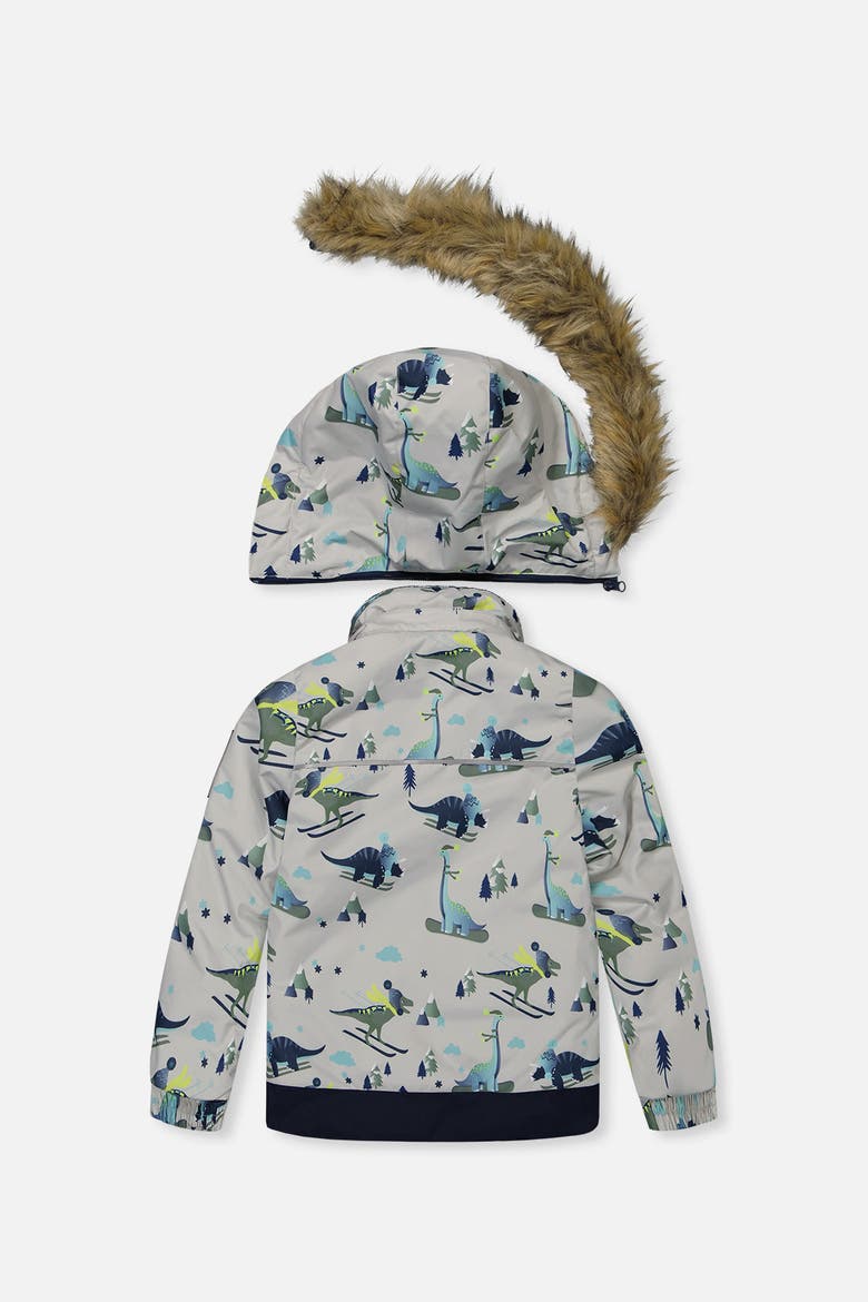 Skiing Dinosaur Discover Fleece Jacket Snow Pants Two Piece Snowsuit, Alternate, color, Grey Skiing Dinosaurs Print