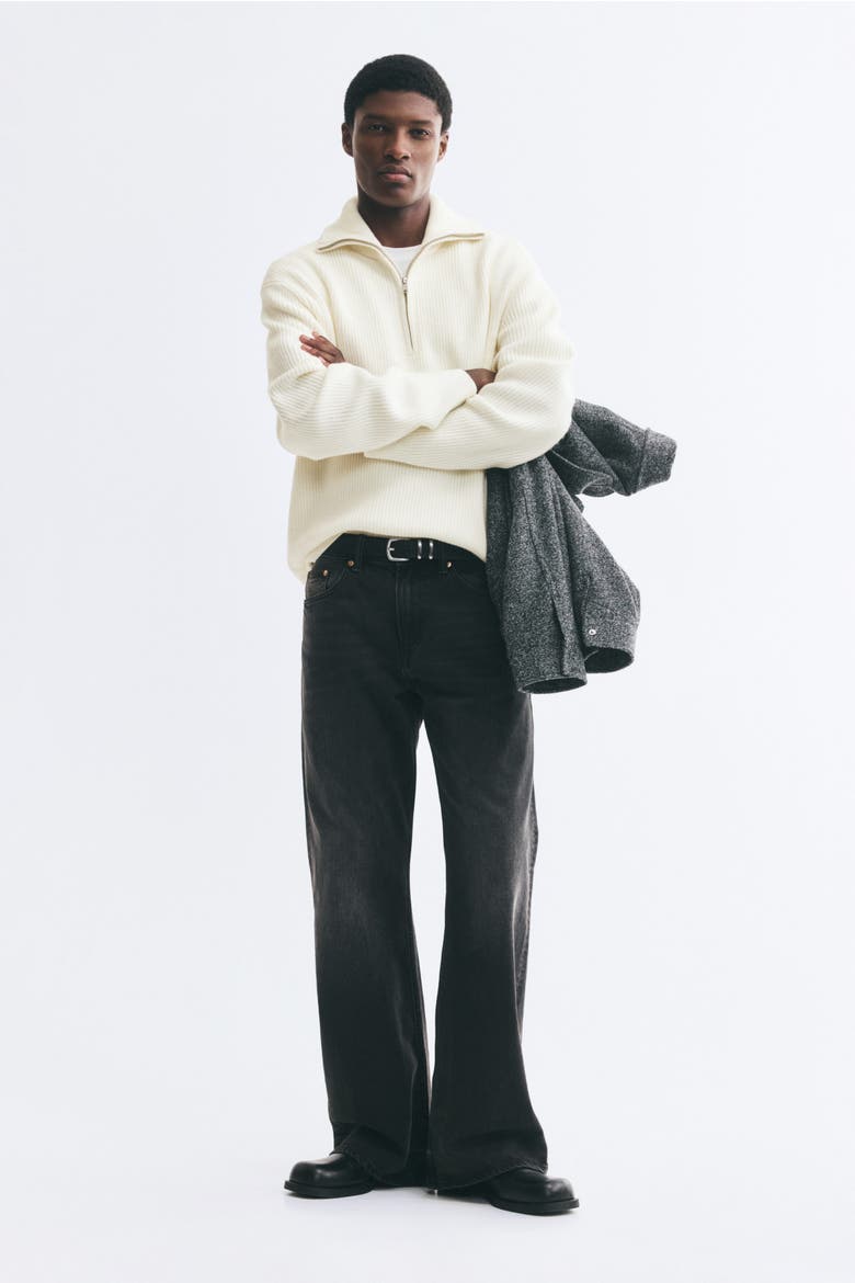Relaxed-fit Half-zip Rib-knit Sweater, Alternate, color, Cream