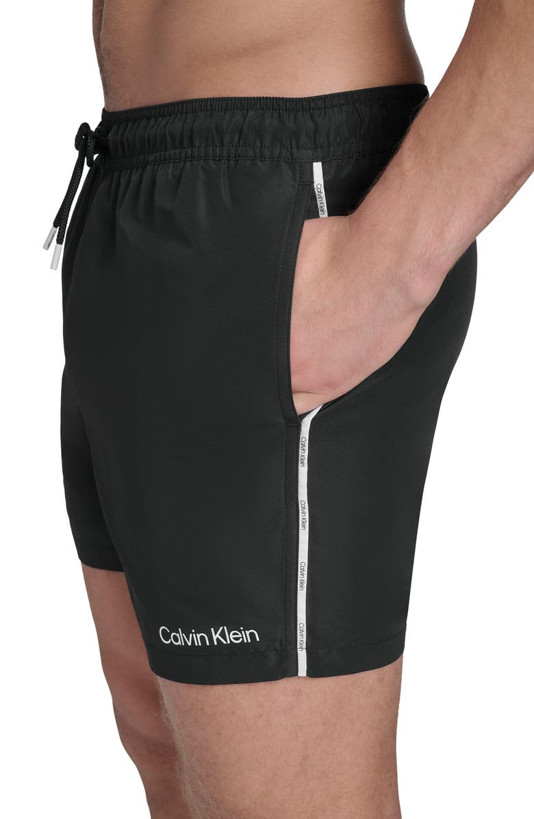 Calvin Klein Logo Piping Swim Trunks, Alternate, color, Black