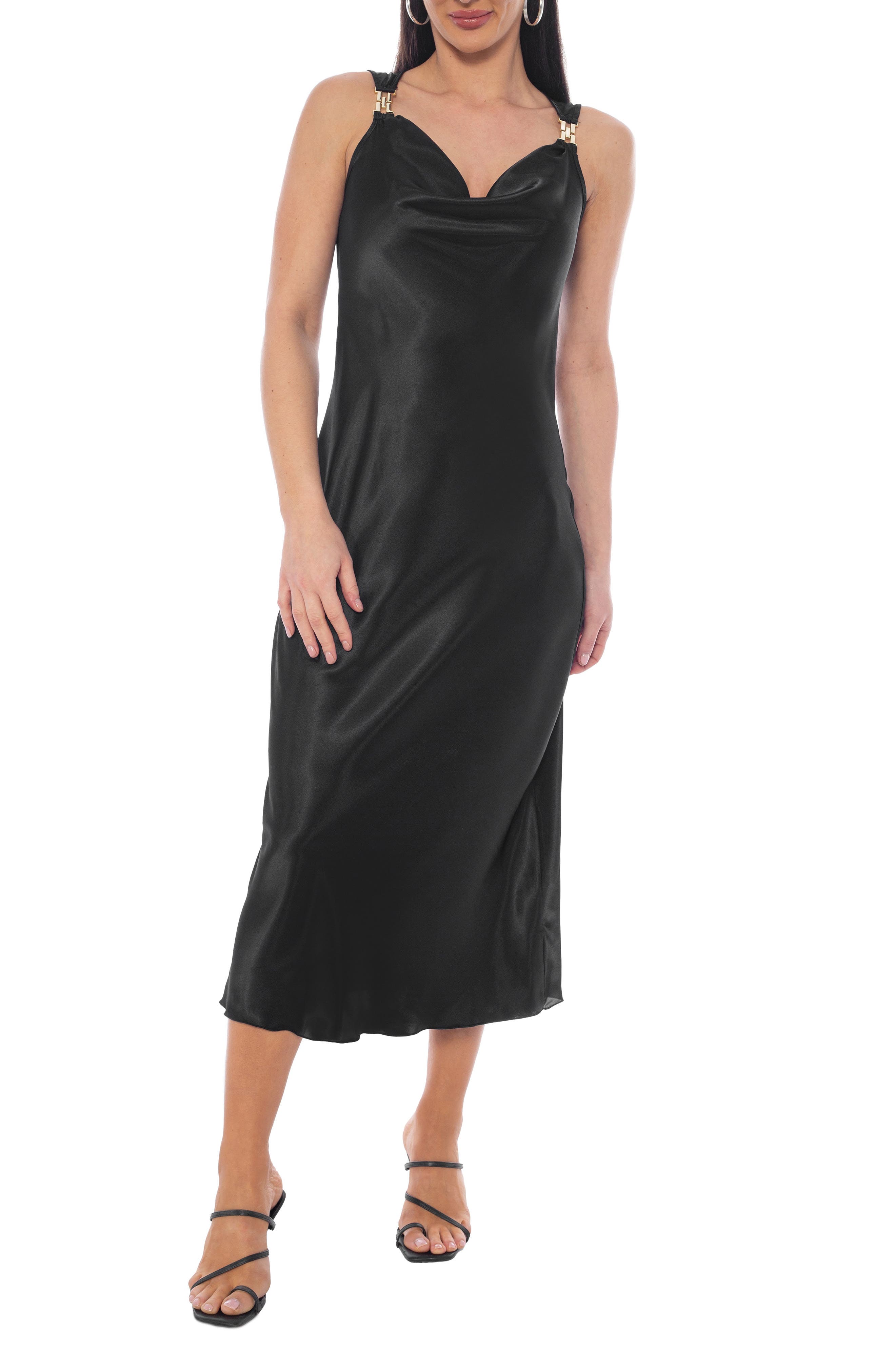 TASH AND SOPHIE Chain Strap Cowl Neck Satin Midi Dress