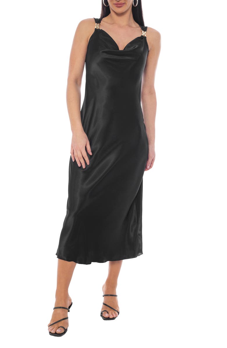 TASH AND SOPHIE Chain Strap Cowl Neck Satin Midi Dress, Main, color, Black/ Gold