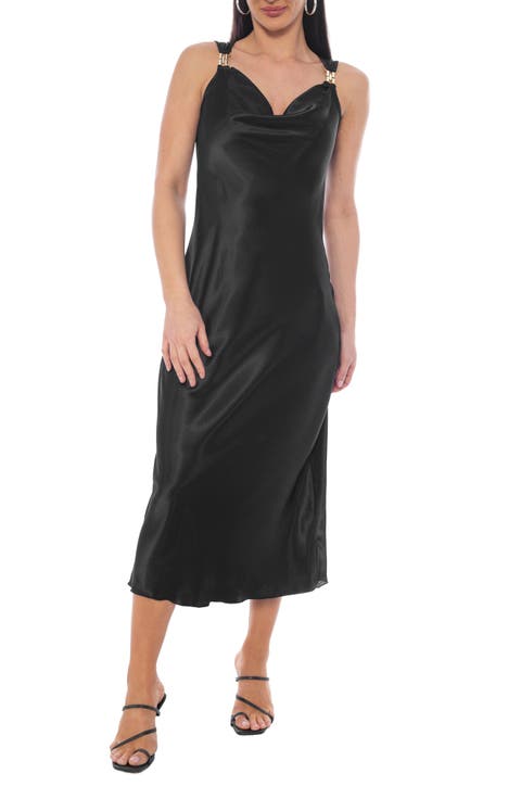 Chain Strap Cowl Neck Satin Midi Dress