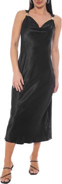TASH AND SOPHIE Chain Strap Cowl Neck Satin Midi Dress