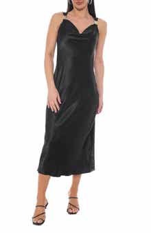 TASH AND SOPHIE Chain Strap Cowl Neck Satin Midi Dress