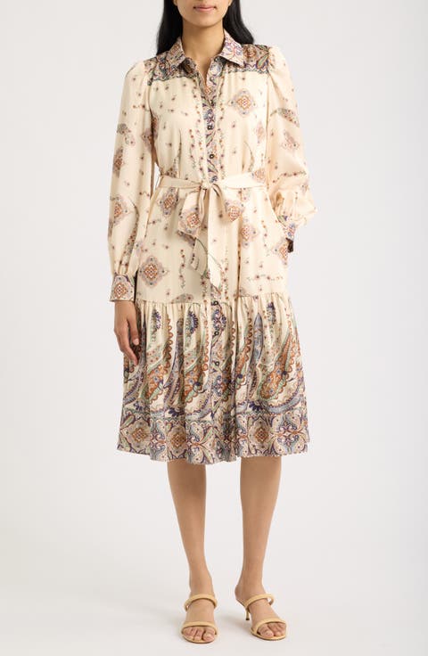 Mixed Paisley Long Sleeve Midi Shirtdress