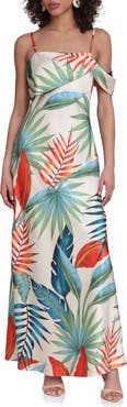 Avec Les Filles Floral Print Asymmetric Satin Maxi Dress