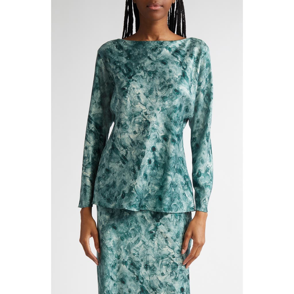 Lafayette 148 New York Bateau Neck Dolman Sleeve Stretch Silk Blouse In Deep Malachite Multi