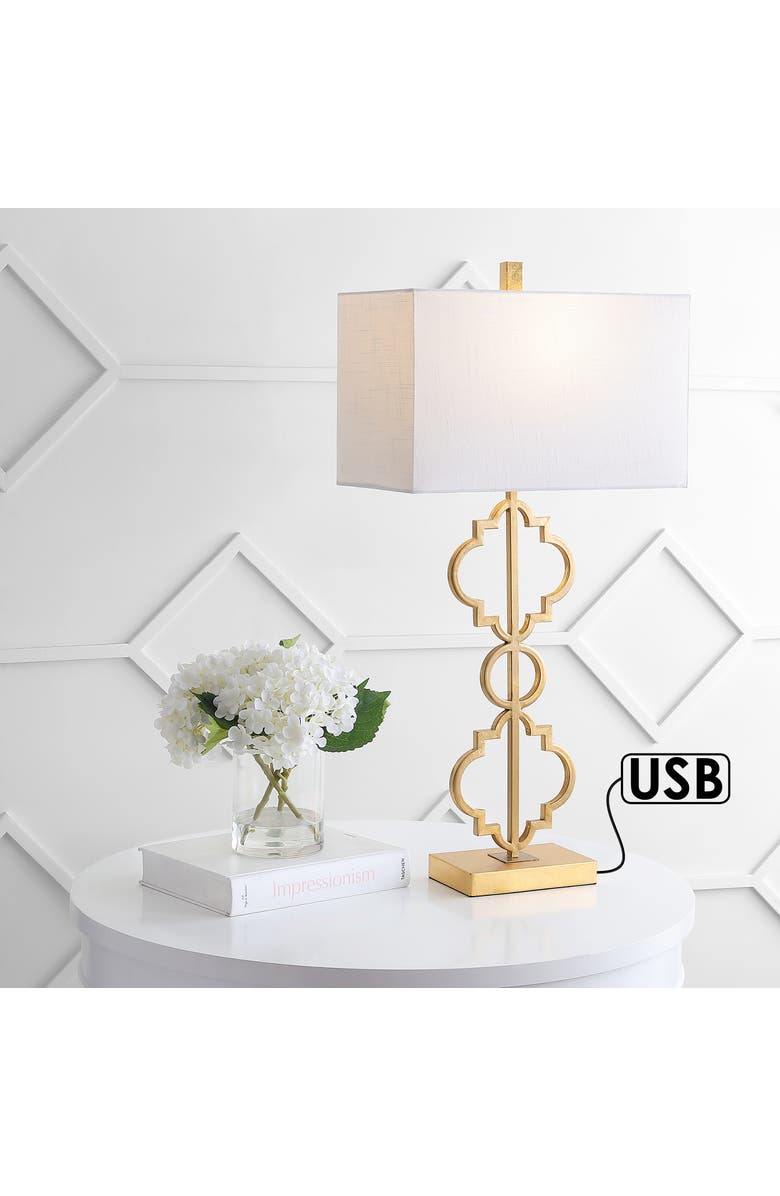 JONATHAN Y Selina Iron Ogee Trellis Modern LED USB Table Lamp, Alternate, color, Gold Leaf