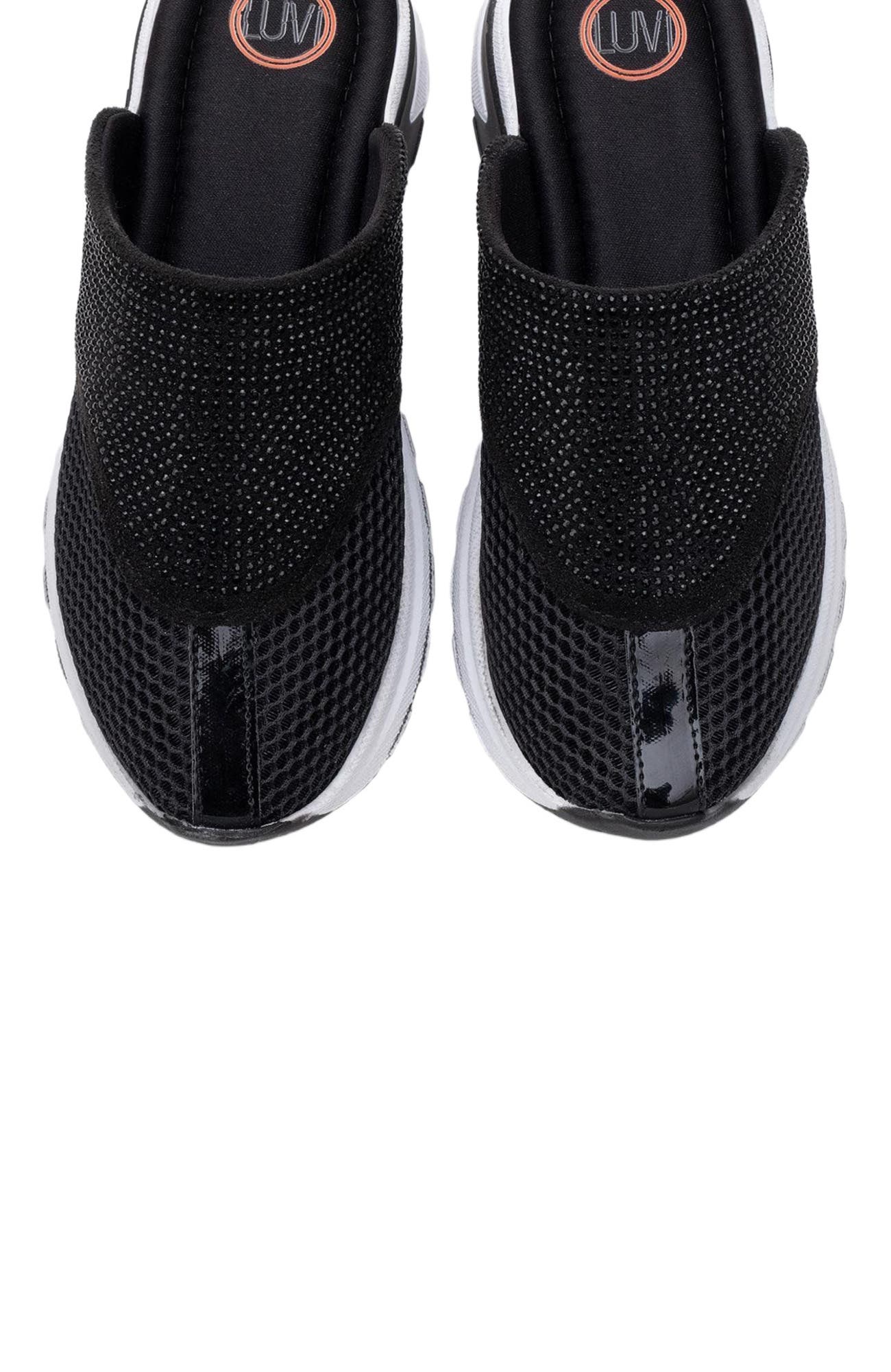 Prologue Shoes GLEA Mesh Rhinestone Mules, Alternate, color, Black Faux Leather