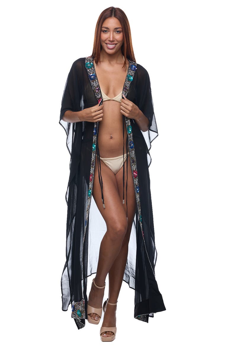 RANEES Embellished Longline Cover-Up Duster, Alternate, color, Black
