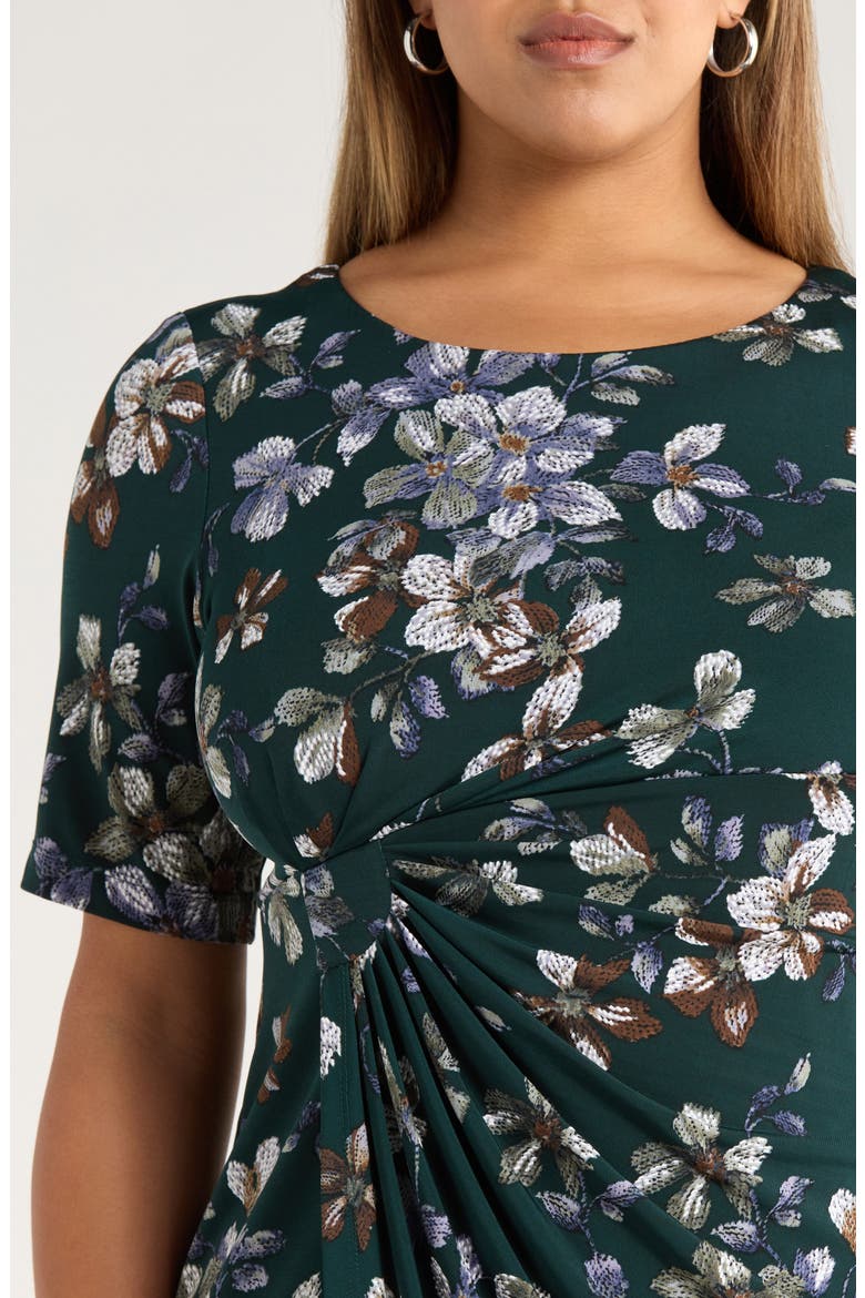 Floral Side Ruched Knit Dress, Alternate, color, HUNTER