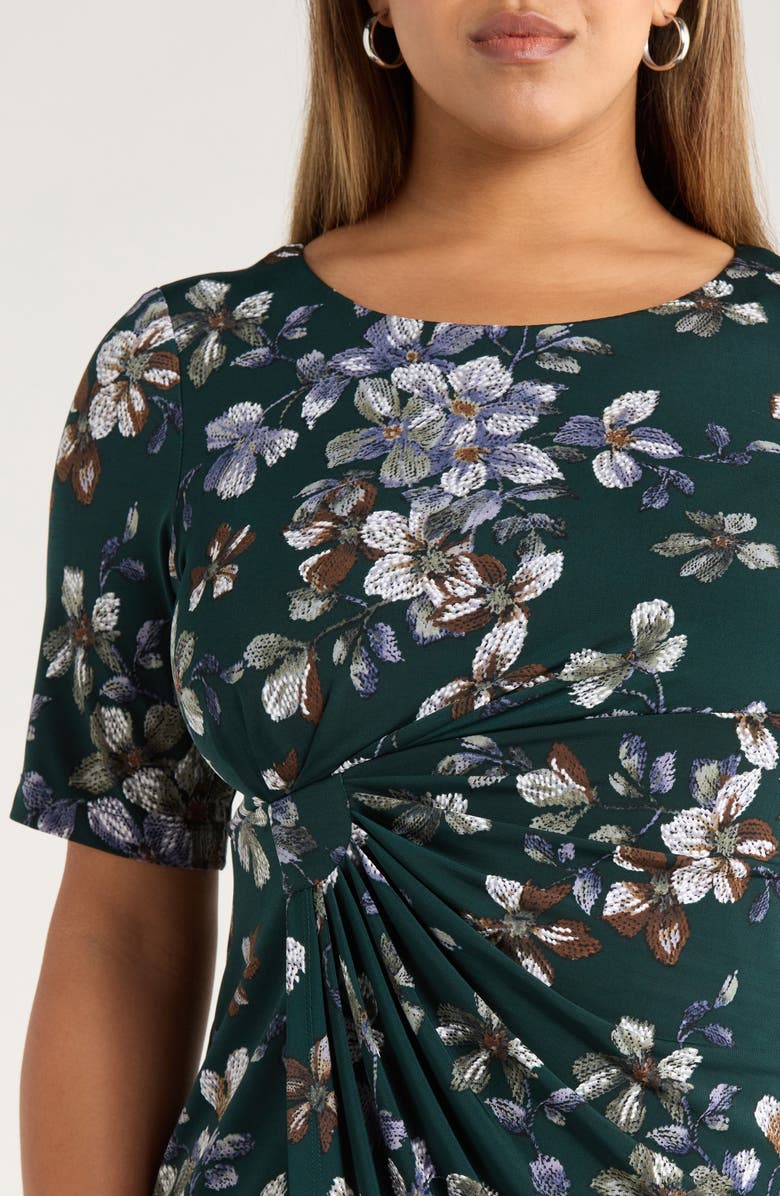 Connected Apparel Floral Side Ruched Knit Dress, Alternate, color, Hunter