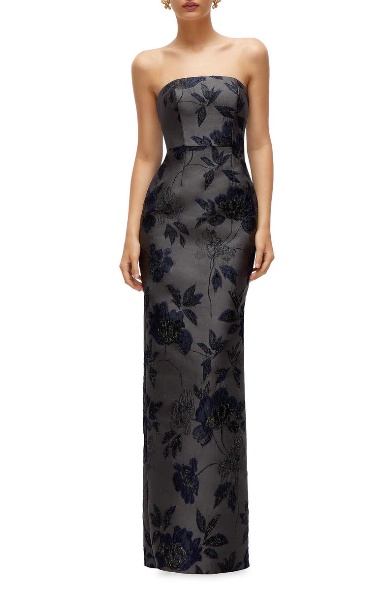 Alfred Sung Metallic Floral Jacquard Strapless Sheath Gown, Main, color, Noir Midnight Navy