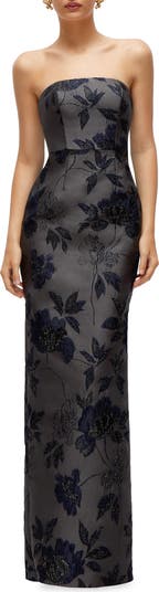 Metallic Floral Jacquard Strapless Sheath Gown