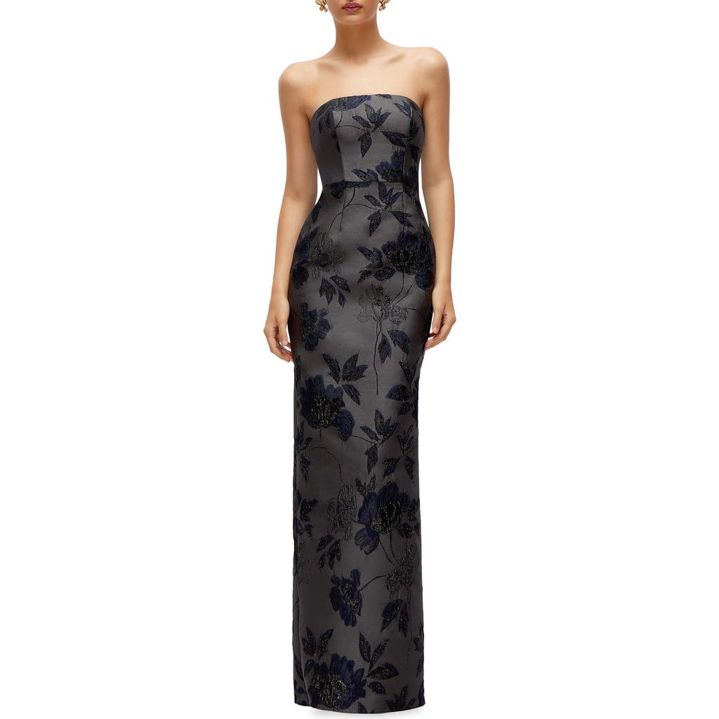 Alfred Sung Metallic Floral Jacquard Strapless Sheath Gown In Noir Midnight Navy