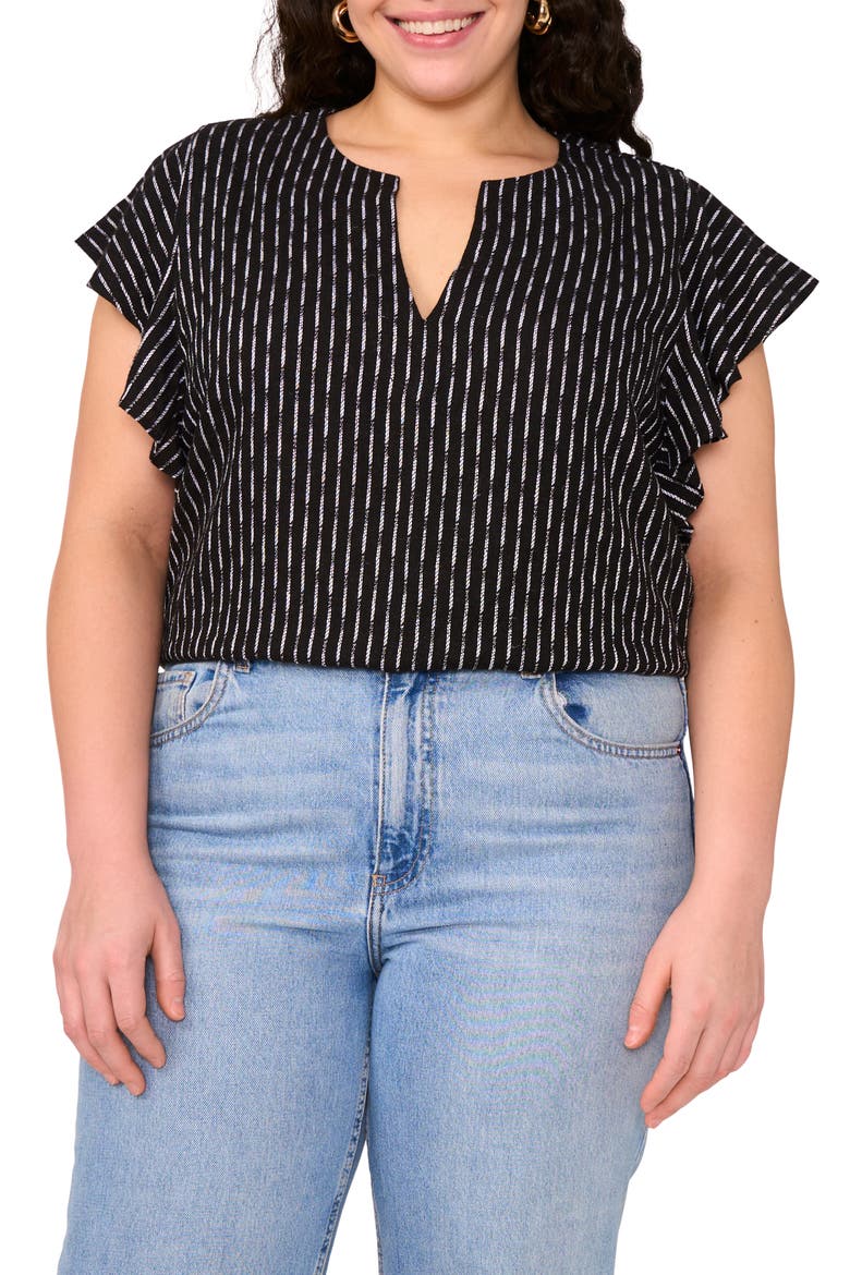 Texured Stripe Ruffle Sleeve Top, Main, color, RICH BLACK