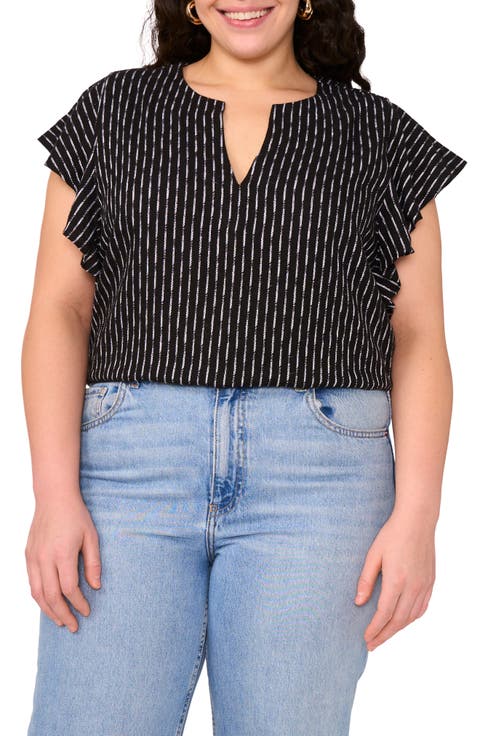Texured Stripe Ruffle Sleeve Top (Plus)