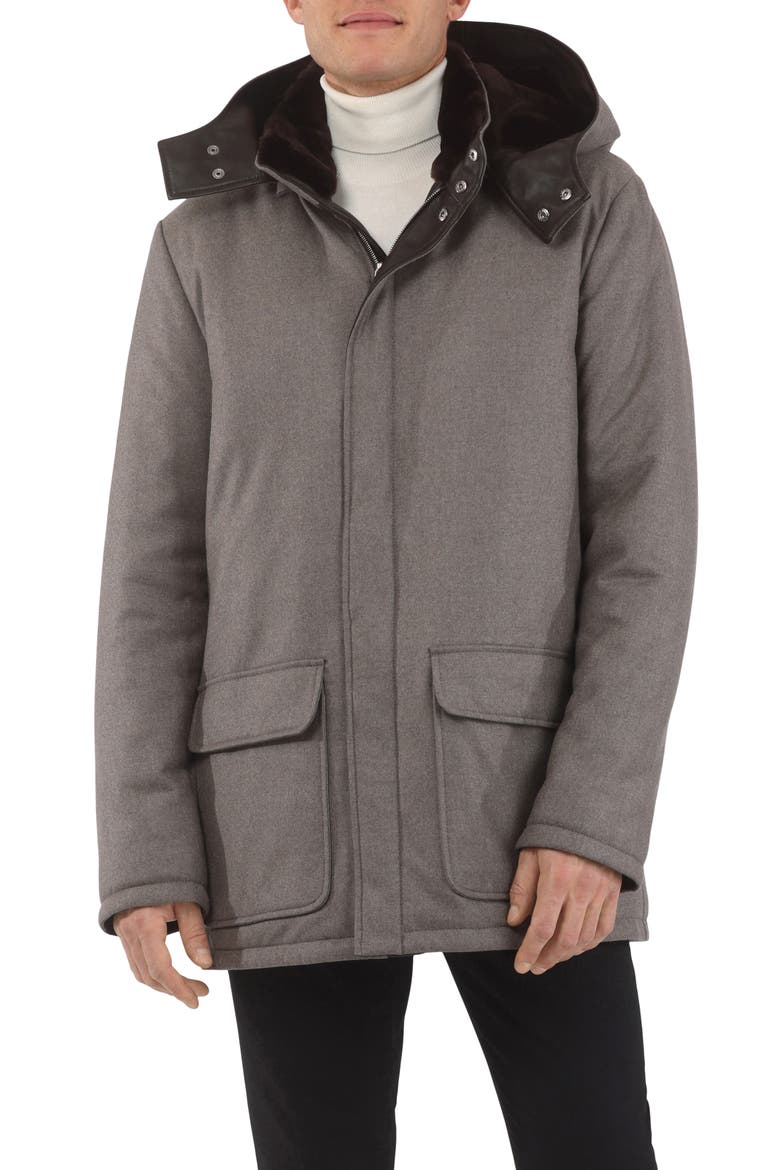 Mens Wool And Cashmere Blend Parka with Genuine Shearling Lining, Main, color, TAUPE/BROWN