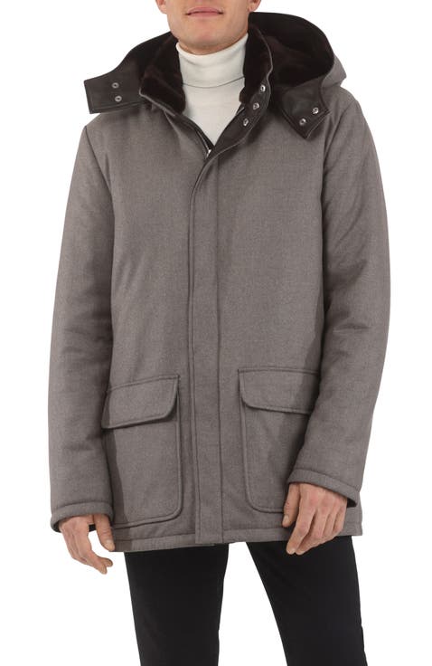 Mens Wool And Cashmere Blend Parka with Genuine Shearling Lining