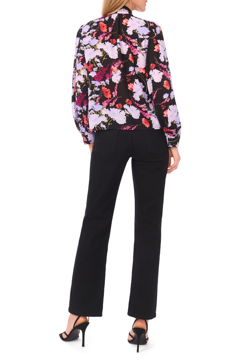 Floral Tie Neck Long Sleeve Button-Up Top, Alternate, color, RICH BLACK