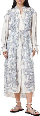 AllSaints Delphine Long Sleeve Linen & Silk Shirtdress