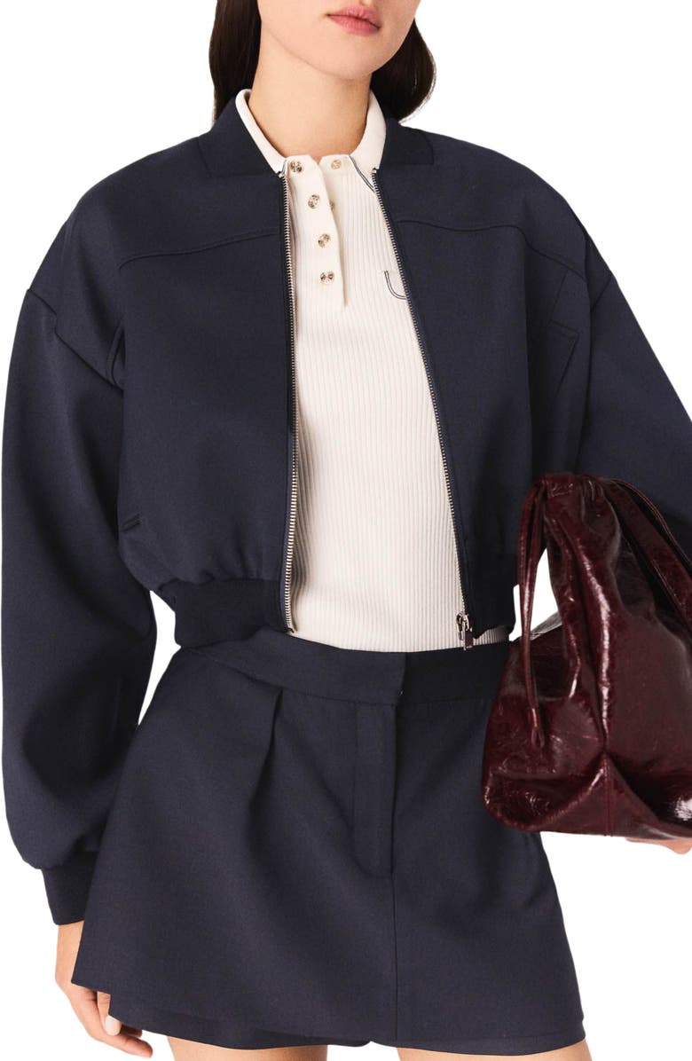 maje Zipped mixed wool bomber, Alternate, color, Navy