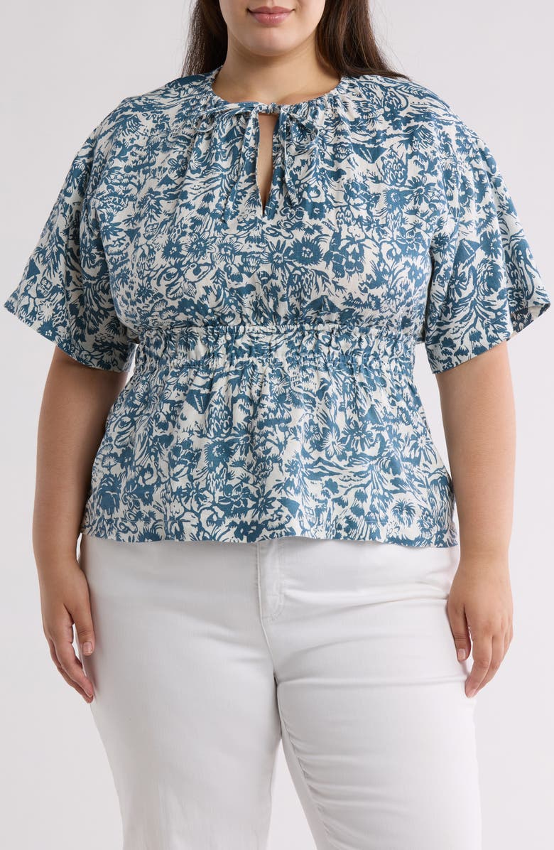 Joie Renae Floral Linen Top, Main, color, Porcelain And Teal